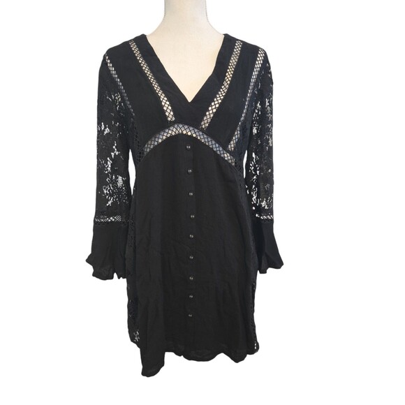 Rumor Babydoll Mini Dress Shirt Lace SZ 12  Black Bell Sleeve Y2k Whimsical Goth - Picture 3 of 16